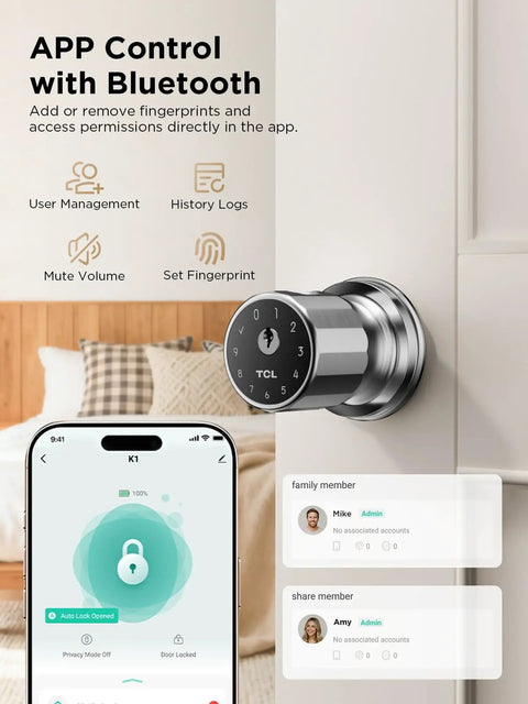 Big Time Smart Door Knobs Deliver Lightning Fast 0.3 Second Fingerprint Login And App Controlled Keyless Entry Automated Deadbolt Lock No Hassle Install For Homes And Rentals, shown with mobile app controls.