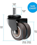 Size chart of 2 Inch Heavy Duty Office Chair Wheels Set Of 5 Gray Rubber Casters For Hardwood Floors And Carpet Smooth Quiet Rollers