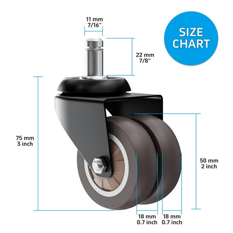 Size chart of 2 Inch Heavy Duty Office Chair Wheels Set Of 5 Gray Rubber Casters For Hardwood Floors And Carpet Smooth Quiet Rollers