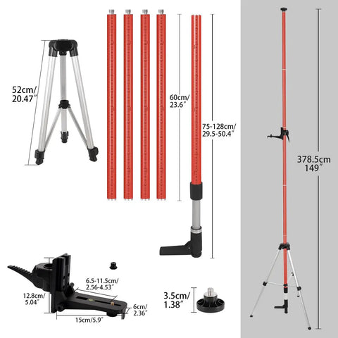 Diagram of Extendable Laser Level Pole with Telescoping Tripod 12 Feet Tall for Rotary and Line Lasers, red sections and mounting parts