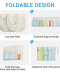 Illustration of folding Waterproof Beach Tote For Women With Large Capacity Foldable Sandproof Design Rainbow Stripe for compact storage.