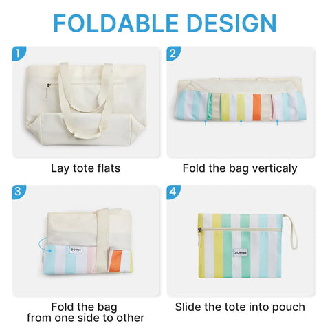 Illustration of folding Waterproof Beach Tote For Women With Large Capacity Foldable Sandproof Design Rainbow Stripe for compact storage.