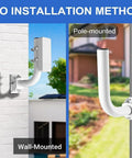 No Sweat Universal Wireless Bridge Bracket For Satellite TV And CPE Antenna Pole Mount With 160 Degree Tilt and Badass Grip Design, Quick Wall Install Kit, Rock Solid Signal Connection, 2 Pack showing wall and pole installation methods.