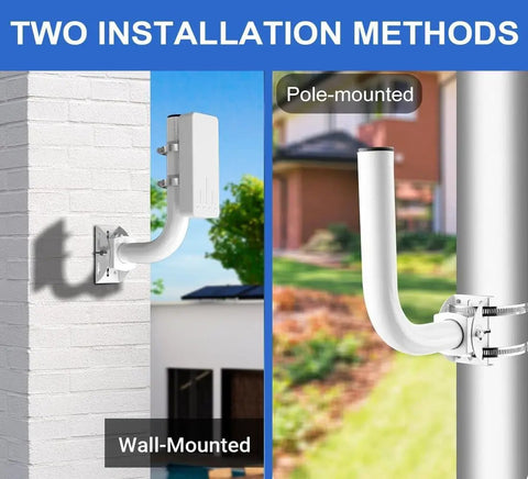 No Sweat Universal Wireless Bridge Bracket For Satellite TV And CPE Antenna Pole Mount With 160 Degree Tilt and Badass Grip Design, Quick Wall Install Kit, Rock Solid Signal Connection, 2 Pack showing wall and pole installation methods.