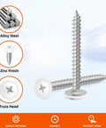 Tough As Nails Number 8 X One Half Inch Truss Head Self Tapping Wood Screws White Carbon Steel Fasteners with smooth threading and zinc finish.