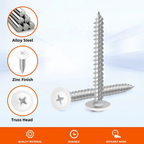 Tough As Nails Number 8 X One Half Inch Truss Head Self Tapping Wood Screws White Carbon Steel Fasteners with smooth threading and zinc finish.