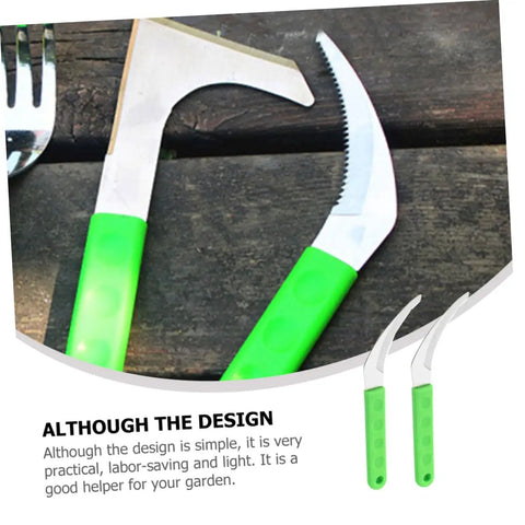 Two Piece Weeding Tool Set Pro Grade Portable Garden Knife with green handles and serrated steel blades on wooden surface