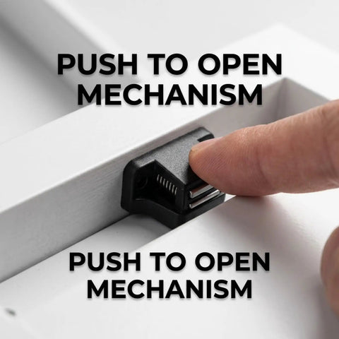 Push to open mechanism of Top Tier Aluminum Access Panel For Drywall Featuring No Sweat Push To Open Flush Mount Latch.