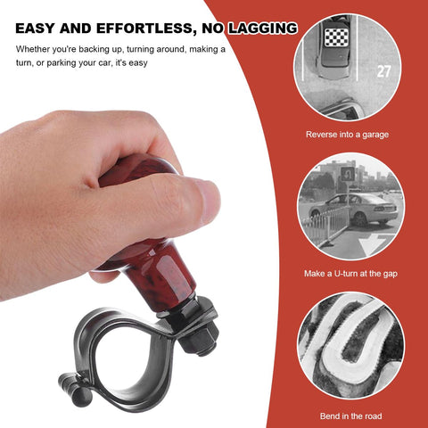 A person holding a Woodgrain Steering Wheel Spinner Knob With Ergonomic Grip For No Fuss Easy Turn Assist Power Handle Smooth On The Wheel Universal Accessory For Cars Trucks Semi Trailers And Boats, with a close-up of the attachment mechanism.