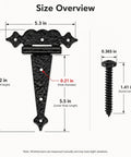 Size overview of 6 Inch Decorative Hammered Tee Hinges Two Pack Built To Last Heavy Duty Black T Strap Gate Hinges with screws.