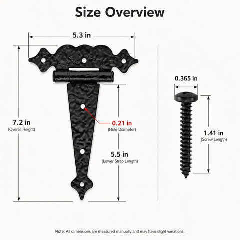 Size overview of 6 Inch Decorative Hammered Tee Hinges Two Pack Built To Last Heavy Duty Black T Strap Gate Hinges with screws.