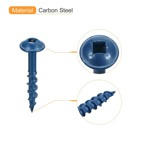Close-up of 8x1 Inch Square Drive Pocket Hole Screws 200 Pack Self Tapping Wood Screws Blue Coated, Carbon Steel Material