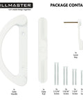 Rock Solid Sliding Glass Door Handle Replacement Set Featuring Reversible Mortise Design and Smooth Nonkeyed Operation In Crisp White Diecast Finish includes gate handle, pull, and screws.