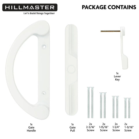 Rock Solid Sliding Glass Door Handle Replacement Set Featuring Reversible Mortise Design and Smooth Nonkeyed Operation In Crisp White Diecast Finish includes gate handle, pull, and screws.