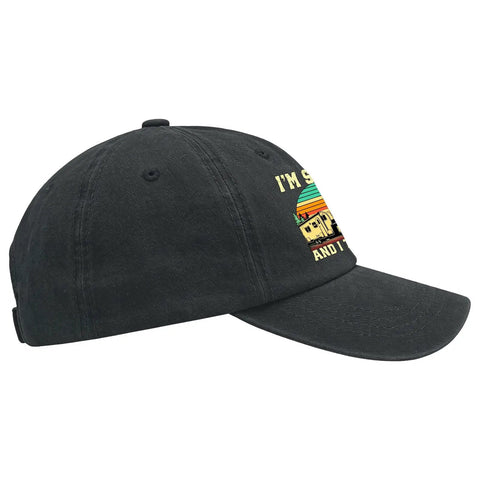 Side view of Funny Camping Hat For Men with RV and tow it vibe vintage style, showing the embroidery, adjustable strap visible