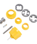 Heavy Duty PPR Pipe Threader Kit With Double Head Tap Die Set For G Half And G Three Quarter Standard Threads. Set of yellow and metal components.