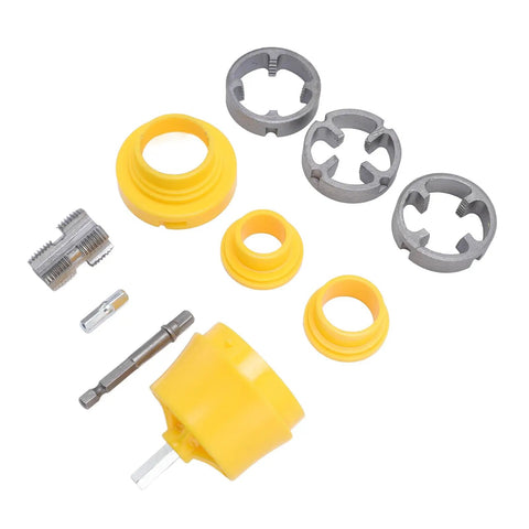 Heavy Duty PPR Pipe Threader Kit With Double Head Tap Die Set For G Half And G Three Quarter Standard Threads. Set of yellow and metal components.