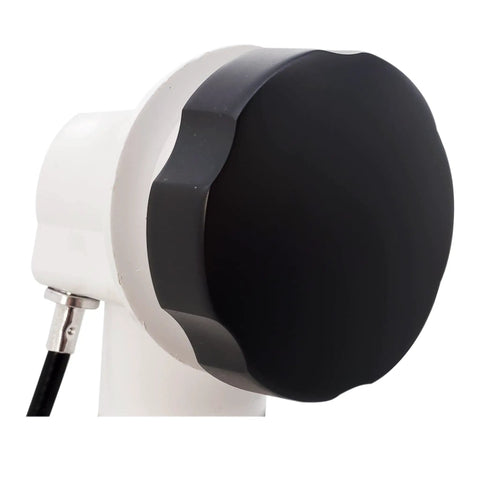 Close-up of heavy duty matte black bath drain plug handle with cable mechanism for low profile tubs.