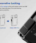 Detail of G5 Rechargeable EDC Flashlight With Dual Light Sources And RGB Illumination, showing innovative locking design and USB-C port.