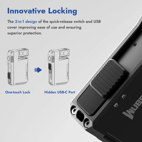Detail of G5 Rechargeable EDC Flashlight With Dual Light Sources And RGB Illumination, showing innovative locking design and USB-C port.