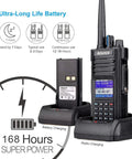 Beefed Up Dual Band DMR Analog Walkie Talkie IP67 Waterproof With 3200mAh USB C Battery shown on charging dock.
