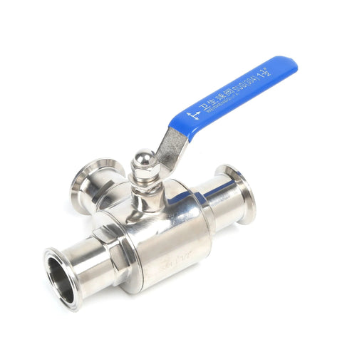 1.5-inch tri-clamp stainless steel sanitary ball valve with blue lever handle (3-way T-port)