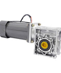 AC 110V worm gear reducer motor with gearbox; gray motor housing and silver gear housing, side view