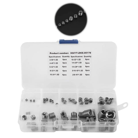 Wire Screw Sleeve Set, 60 Pieces, 304 Stainless Steel Thread Repair Inserts Kit With Plastic Box, showing interior compartments