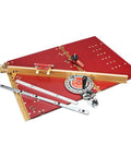 Heavy Duty Pro Table Saw Miter Gauge With Rock Solid Cross Cut Sled And Telescoping T Track Fence shown at an angle for precision cuts.