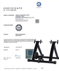 Certificate for Magnetic Indoor Bike Trainer Stand with durable steel frame shown in front, TUV certification visible.