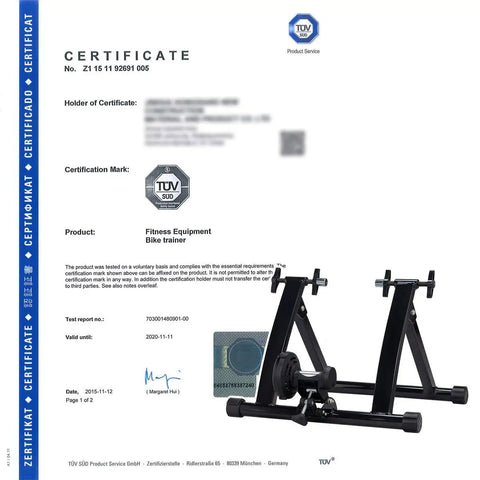 Certificate for Magnetic Indoor Bike Trainer Stand with durable steel frame shown in front, TUV certification visible.