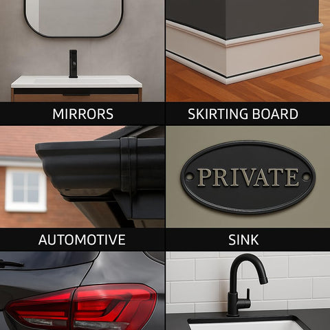 Silicone Sealant And Caulk Tube With Finishing Tool Weatherproof Flexible Adhesion For Bathroom Roof Window And Automotive Leakproof Sealing Heavy Duty Bonding To Metal Plastic Glass Ceramic And Rubber in use on mirrors, skirting board, automotive parts, and sink.