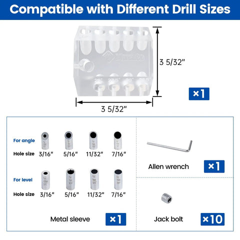 Heavy Duty Multi Angle Drill Guide Jig For Smooth Cable Railing Installations with various drill sizes and metal sleeves.