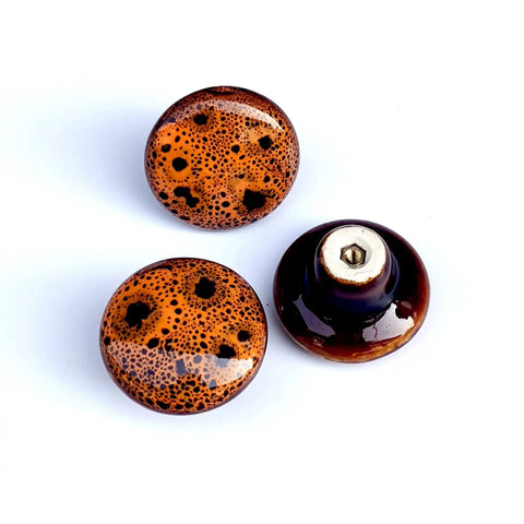 Top Notch Handpainted Ceramic Mushroom Knobs For Dresser Drawers And Kitchen Cabinets 15 Pack with orange speckled design.