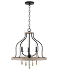 Three-Light Farmhouse Pendant Chandelier With Hanging Wood Accents In Light Oak And Black Finish 23-Inch Ceiling Light