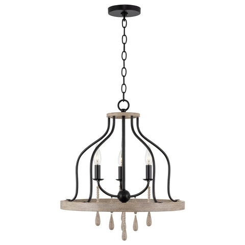 Three-Light Farmhouse Pendant Chandelier With Hanging Wood Accents In Light Oak And Black Finish 23-Inch Ceiling Light