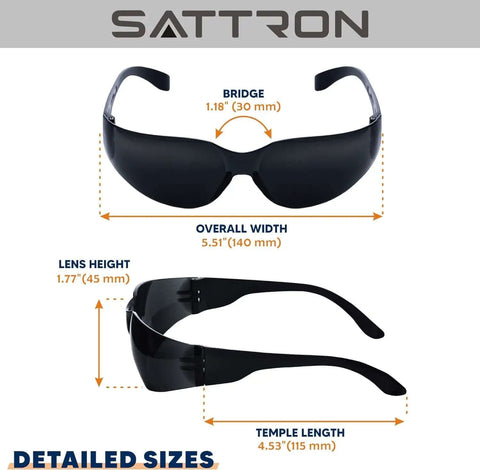 50 Pack Tinted Safety Glasses With Scratch And Impact Resistance Dark UV Protective Lenses For Construction Outdoor Work And Shooting Affordable Eyewear That Blocks Glare And Keeps Your Eyes Safe, displayed from front and side angles with size details.