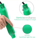 Hand holding Hot Air Heat Gun for Crafting and DIY Projects, 110V 300W Handheld with 3.28Ft Cable, vent design and non-slip handle detail.