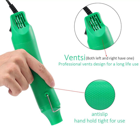 Hand holding Hot Air Heat Gun for Crafting and DIY Projects, 110V 300W Handheld with 3.28Ft Cable, vent design and non-slip handle detail.
