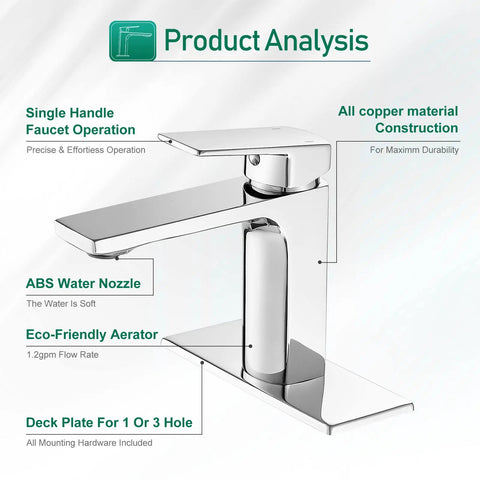 Chrome One Hole Single Handle Bathroom Faucet With Deck Plate For Lavatory Vanity And RV Sink, polished faucet with labels