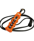 Orange four button pendant controller for electric hoist and trolley, 24V, with 20 foot cord, 4 pin quick connect, heavy duty use