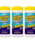 Three bottles of Invisible Glass Glass Wipes with yellow caps and blue label, each containing 40 large wipes