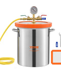 VEVOR 3-Gallon vacuum degassing chamber front view with stainless steel body, orange lid, gauge, yellow hose