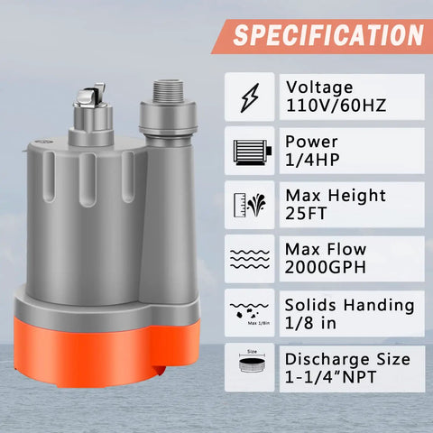 2000 GPH Submersible Water Pump For Quick Drainage, 1/4 HP motor, product with specifications on the side