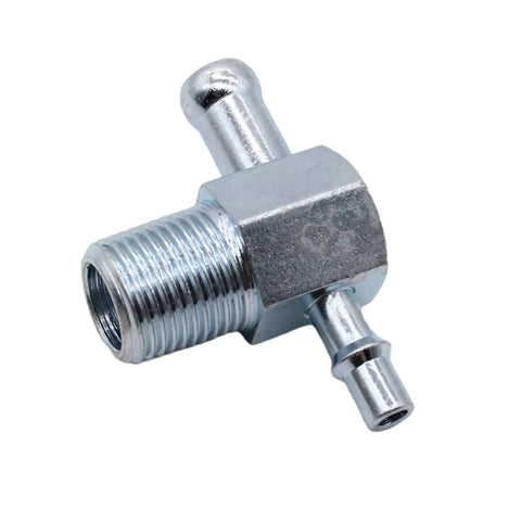 Intake vacuum T-fitting, zinc-plated steel, 3/8 NPT thread with 1/4 in and 3/8 in nipples — close-up view