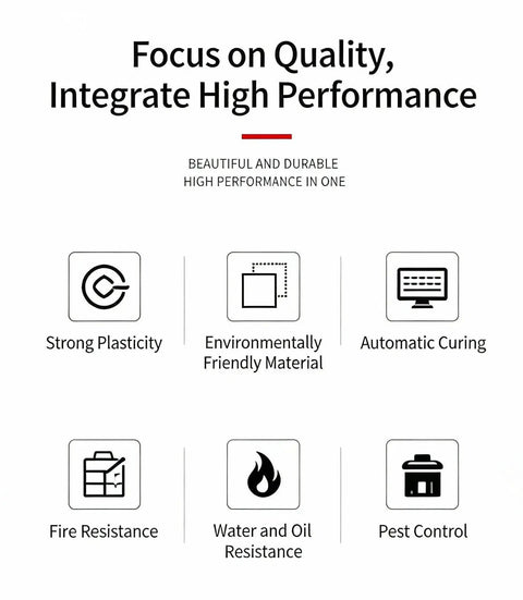 Infographic showing features: Strong Plasticity, Environmentally Friendly Material, Automatic Curing, Fire Resistance, Water and Oil Resistance, Pest Control.