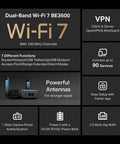 Image showcasing Roam 7 BE3600 Portable Travel Router features; dual-band WiFi 7, VPN support, 90 device connectivity, and 2.5G port.