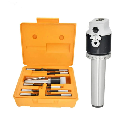 Premium One Piece Collet Chuck Holder For BT30 And R8 MT2 Tapers With F1 Boring Bar Adapter in orange case with tools inside.