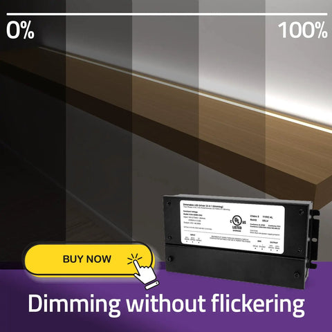 Dimmable LED Driver 24V 60W with smooth, no-fuss, flicker-free dimming showcased in dark to light gradient background.