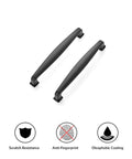 Two matte black cabinet handles with scratch resistance, anti-fingerprint, oleophobic coating. 30 Pack Solid 5 Inch Cabinet Handles Matte Black Pulls For Kitchen Drawers And Cabinets, 5-1/2 Inch Overall Length, 1/2 Inch Width, 15/16 Inch Projection, Durable Steel Construction, Easy To Install Hardware For Cupboards.